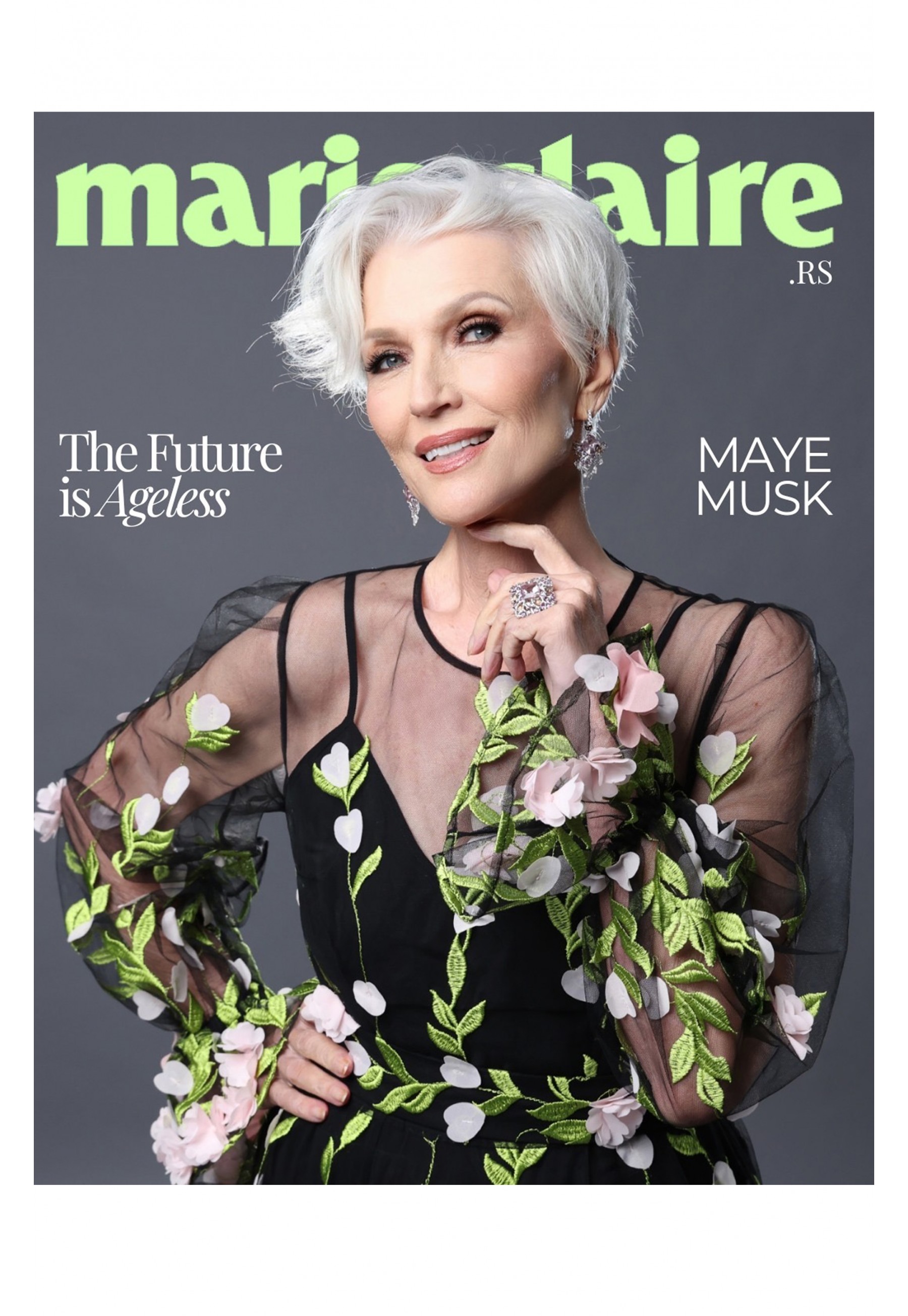 Maye Musk in Kleidern von MATSOUR’I für das Cover der Zeitschrift Marie Claire.