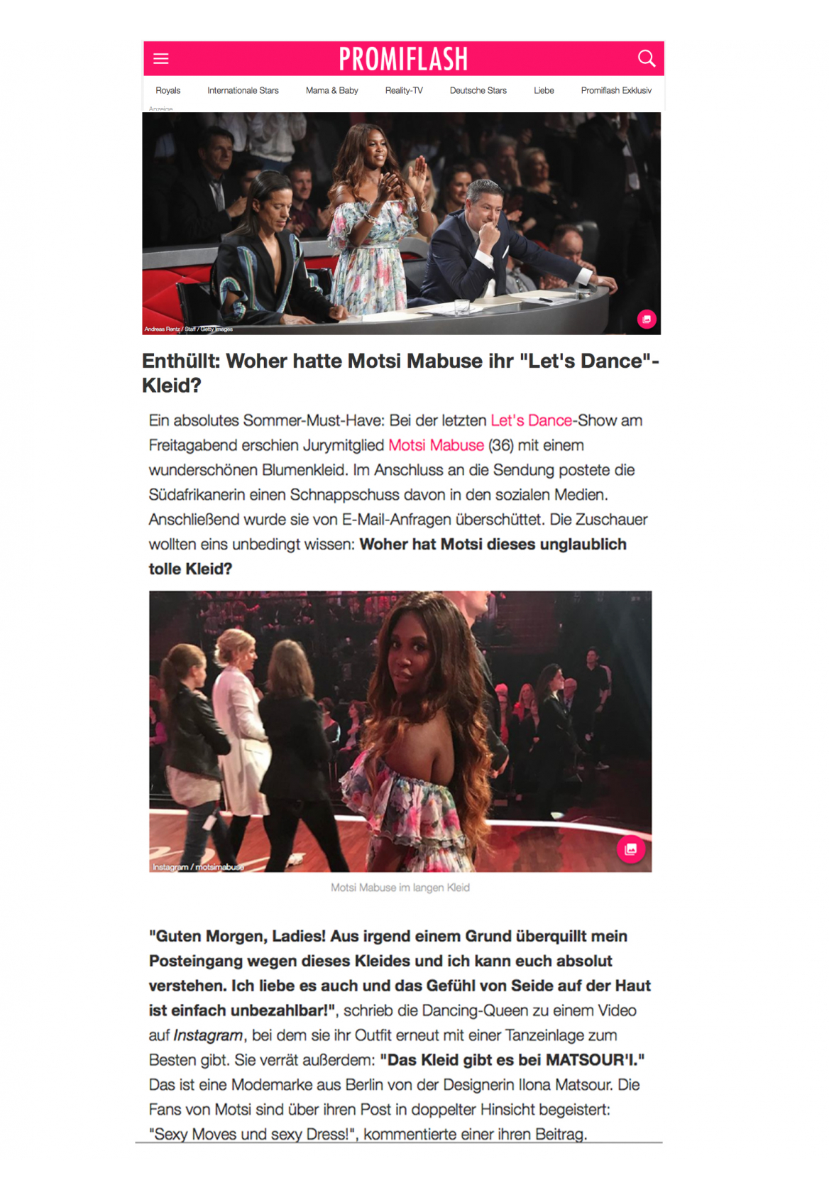 Motsi Mabuse erschien in der Show „Let’s Dance“ im Kleid von MATSOUR’I – Designerin Ilona Matsour.