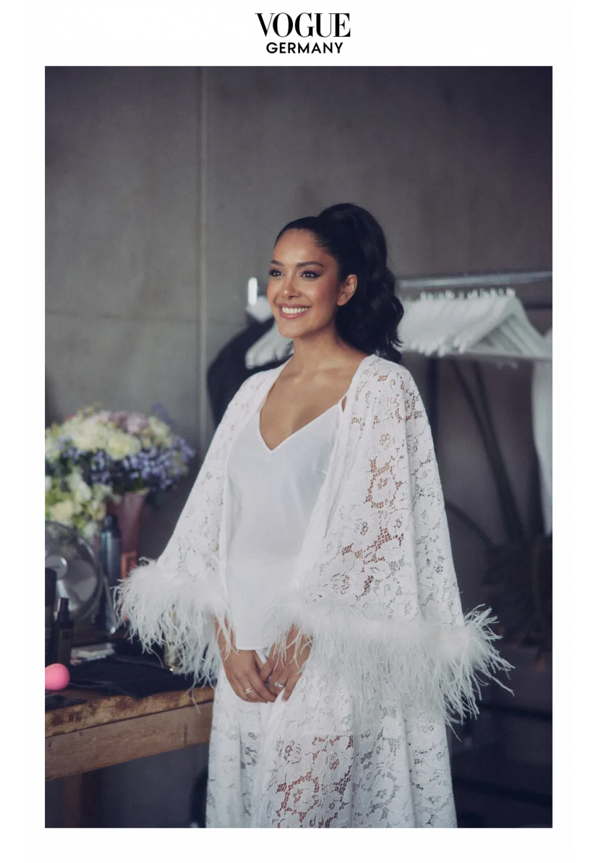 Rahima Schäle in MATSOUR'I feather-trim robe in  Vogue Germany 