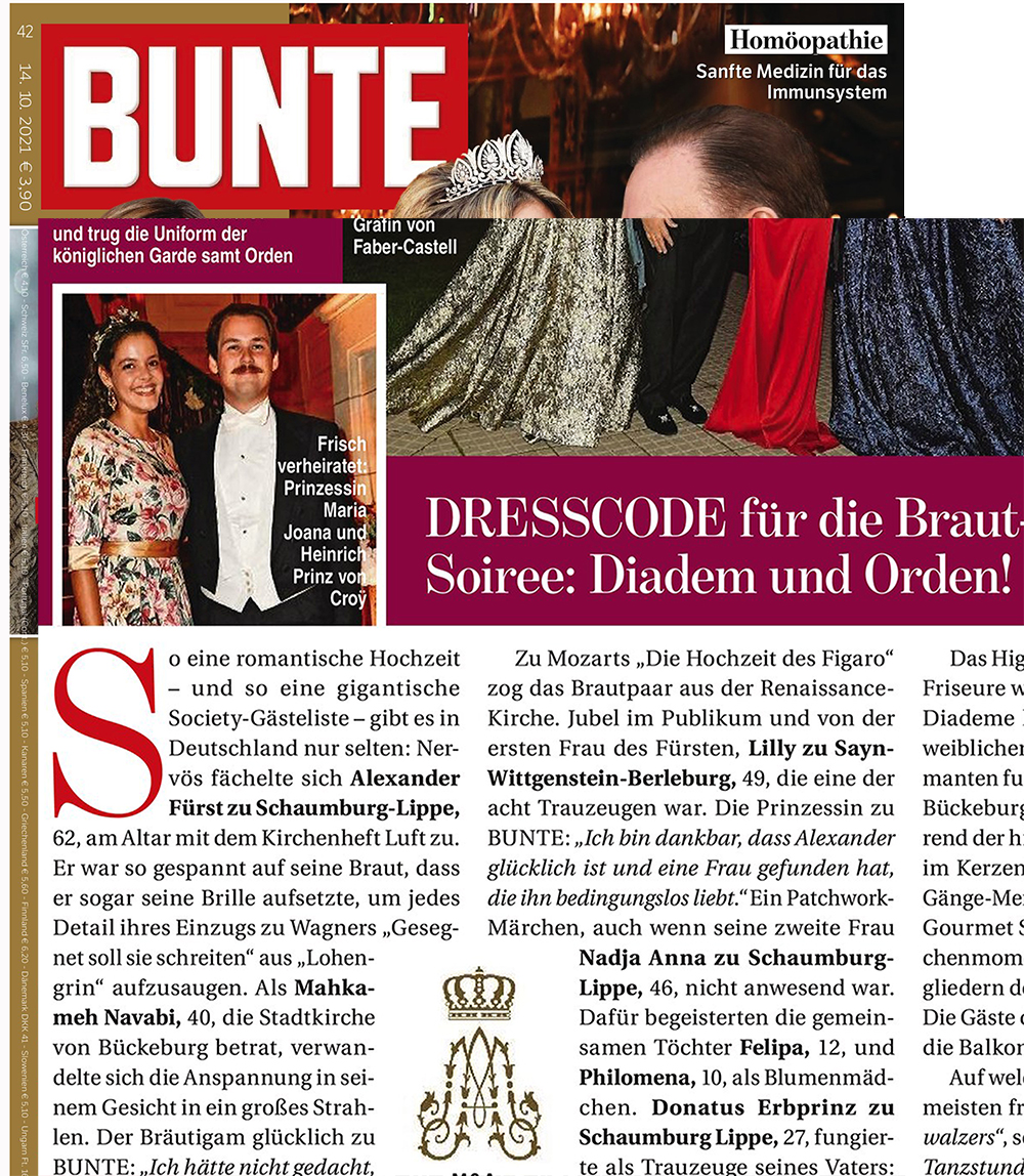 Princess Maria Joana in MATSOUR'I dress "Aurora" Gold /  BUNTE Magazine 